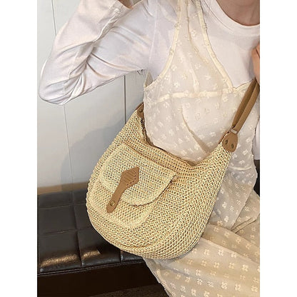 Women's Large Capacity Handmade Woven Straw Saddle Bag Shoulder Bag - Bohemian Crossbody Bag with Front Pocket, Summer Beach Tote Bag, Casual Travel Tote Bag for Vacation, Shopping and Daily Use