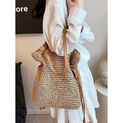 Handwoven Straw Bucket Bag – Boho Drawstring Shoulder Tote, Lightweight Summer Beach Handbag for Women, Casual Vacation & Travel Accessory Color Beige Coffee