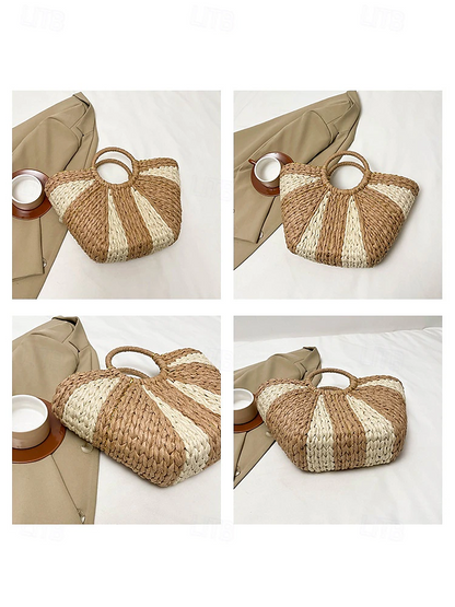 Women’s Stylish Woven Straw Beach Bag with Circular Handles, Large Capacity, Eco-friendly Boho Design, Perfect for Summer, Vacations and Day Trips