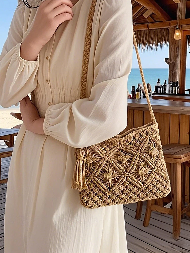 Women's Handwoven Boho Crossbody Bag – Vintage Macrame Shoulder Purse with Tassel for Beach Vacations and Casual Outfits Color Black White Pink