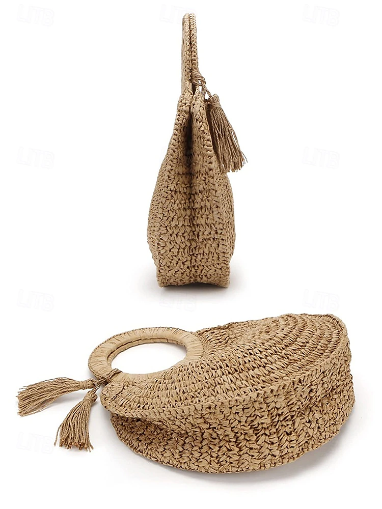 Women's Large Capacity Handmade Woven Straw Round Tote Bag - Bohemian Beach Tote with Tassels, Summer Vacation Rattan Wallet for Travel, Shopping and Vacation Brown Beige